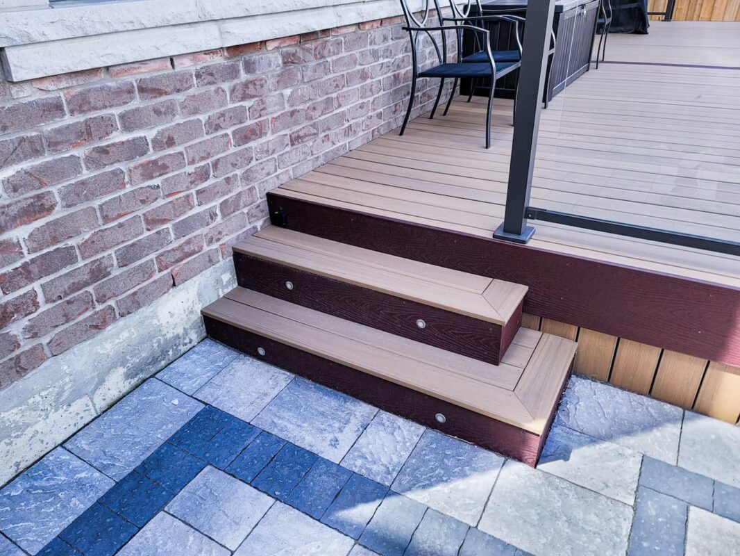 Gray deck and wooden backyard gazebo in Vaughan backyard